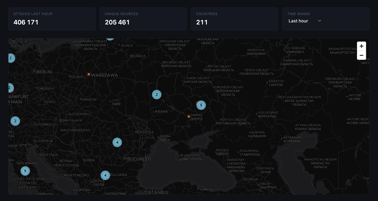 WAYSCloud attack and abuse telemetry over a one-hour period — 406,171 attempts from 205,461 unique sources across 211 countries and territories